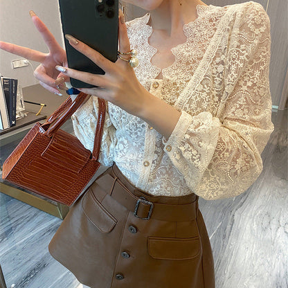 Women's Lace Splice Striped Blouse