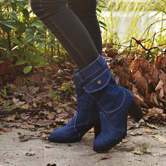 Bottes mi-hautes en jean à talons hauts pour femme, grande taille