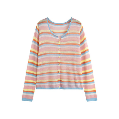 Plus Size Round Neck Color Striped Shirt Women's Thin Top