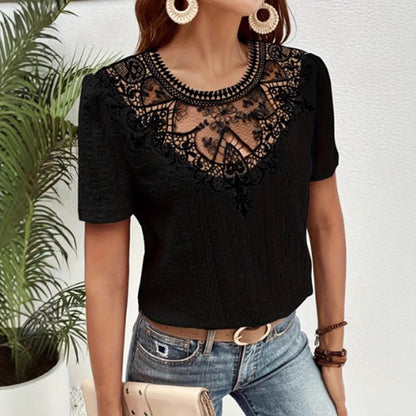 Lace Stitching Hollow Round Neck Solid Color Short Sleeve