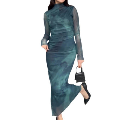 Robe longue moulante pour femme à manches longues tie-dye