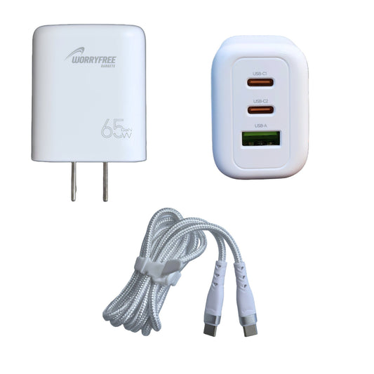 65W GAN 3 Ports Charger with 60W Type C Cable, White