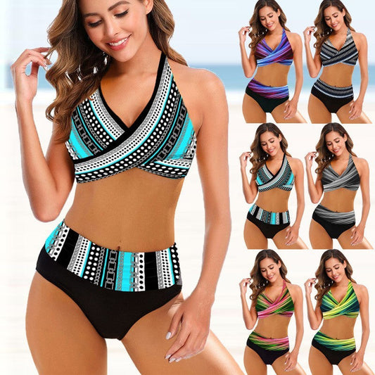 European And American Ladies Split Bikini Striped Tie-dye Hollow Bikini Swimsuit