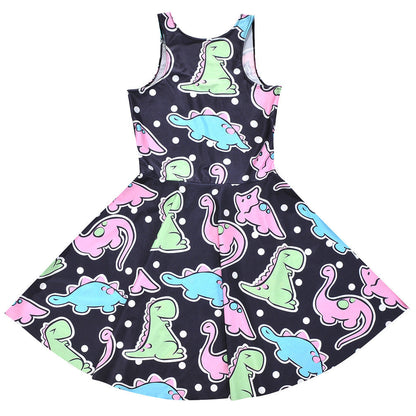 Black Cartoon Color Dinosaur Pleated Umbrella Skirt
