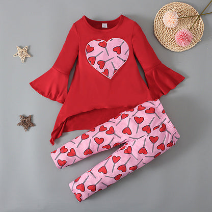 Fashion Flared Sleeve Top Trousers Love Pattern Two-piece Suit