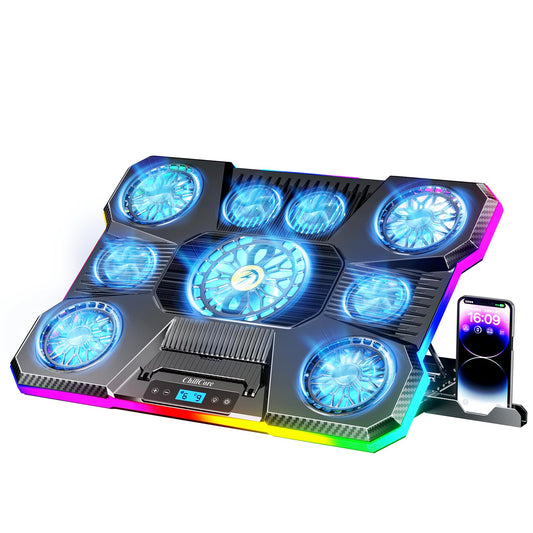Refroidisseur pour ordinateur portable 9 ventilateurs RGB – Écran LCD, 8 hauteurs, 15,6-19,3"