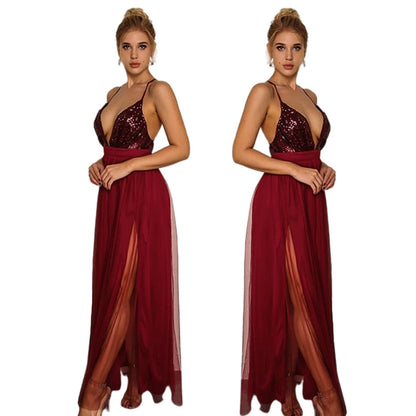 Joyfunear Cross Back Plunge Sequin Top Tulle Dress