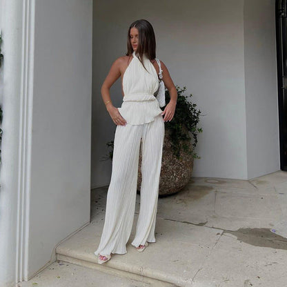 Pleated High Waist Wide Leg Pants Suit Women