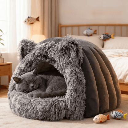 Cueva para gatos de forro polar cálido para invierno, a prueba de viento, confort térmico de 360° para gatos y perros pequeños