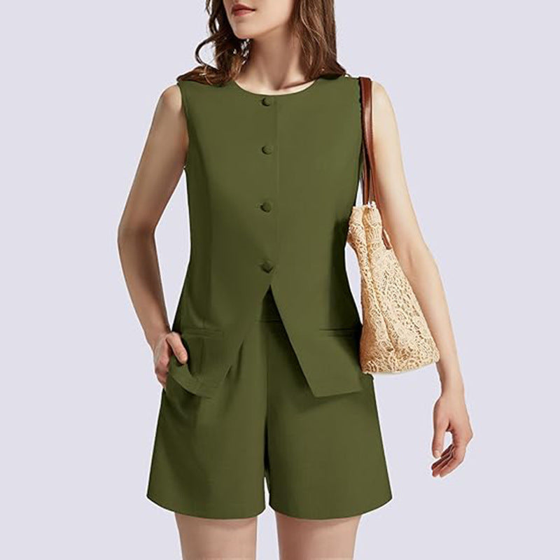 2-piece Sleeveless Round Neck Button High-waisted Trousers Business Work Suits