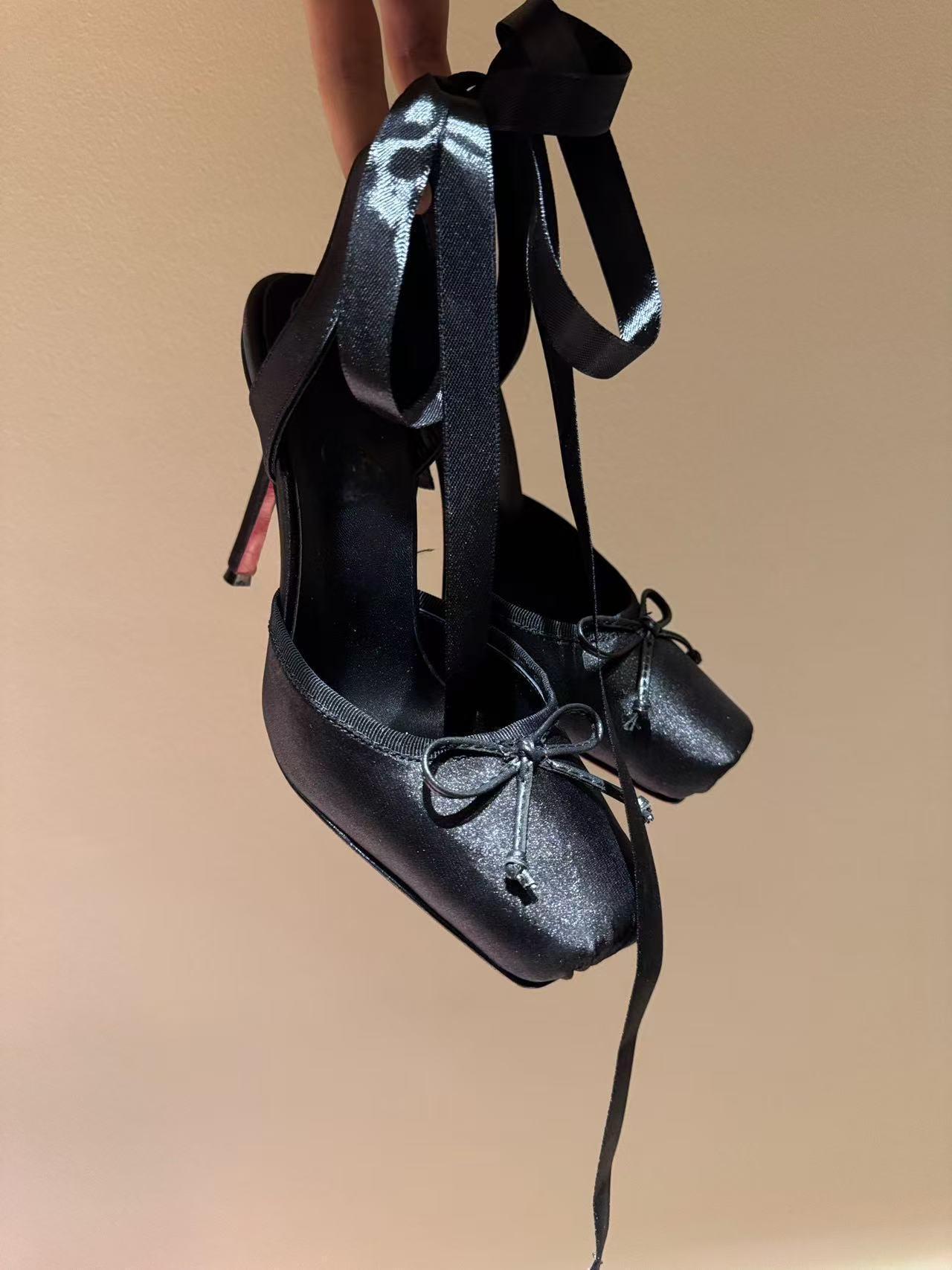 Leather Sole Women's Shoes Fashion Satin Ribbon Toe Cap