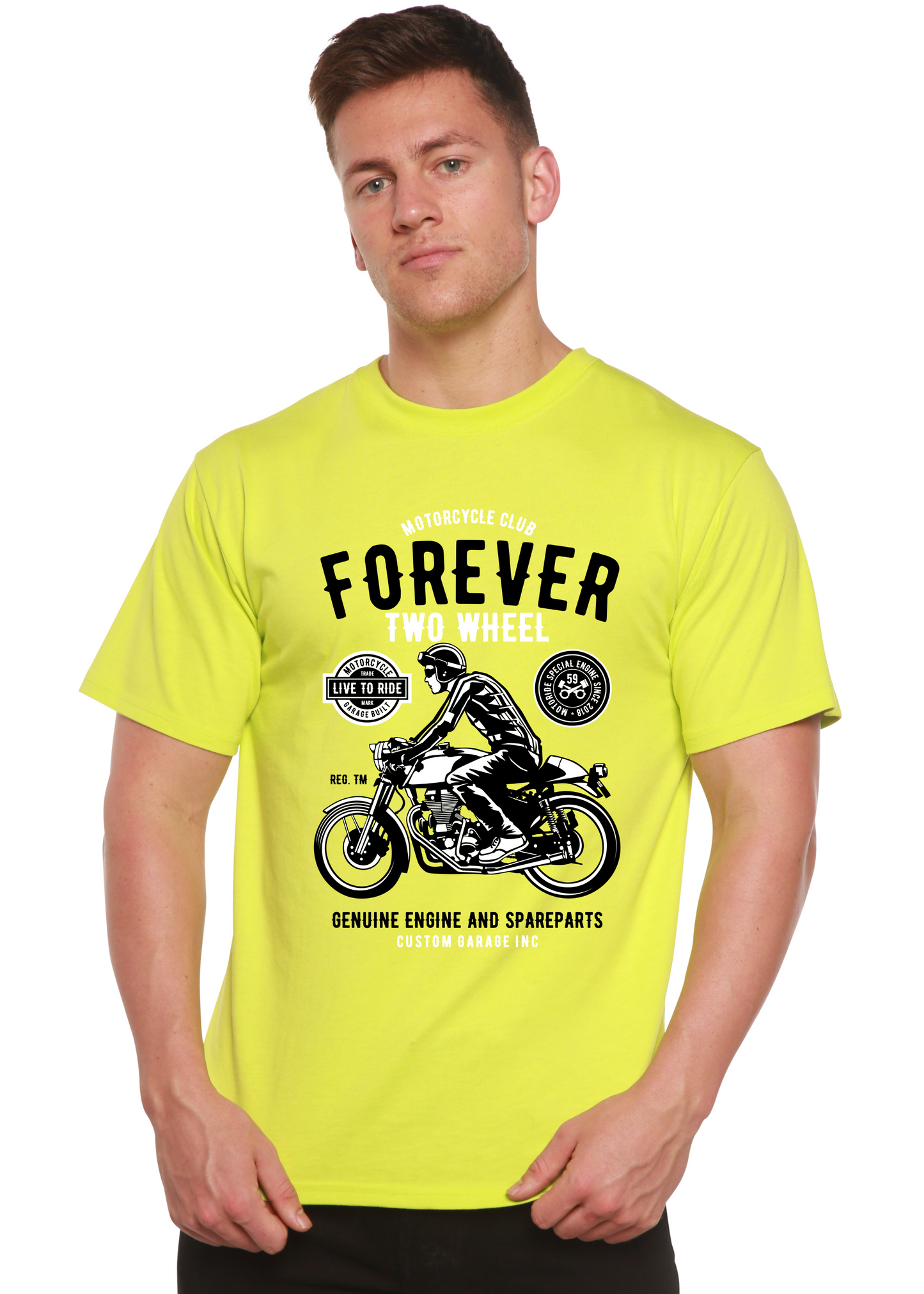 T-shirt graphique Forever Two Wheel à manches courtes en viscose de bambou et coton biologique pour homme