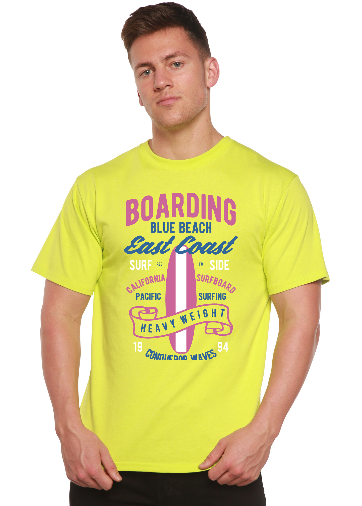 T-shirt graphique à manches courtes en viscose de bambou/coton bio pour homme Boarding Blue Beach