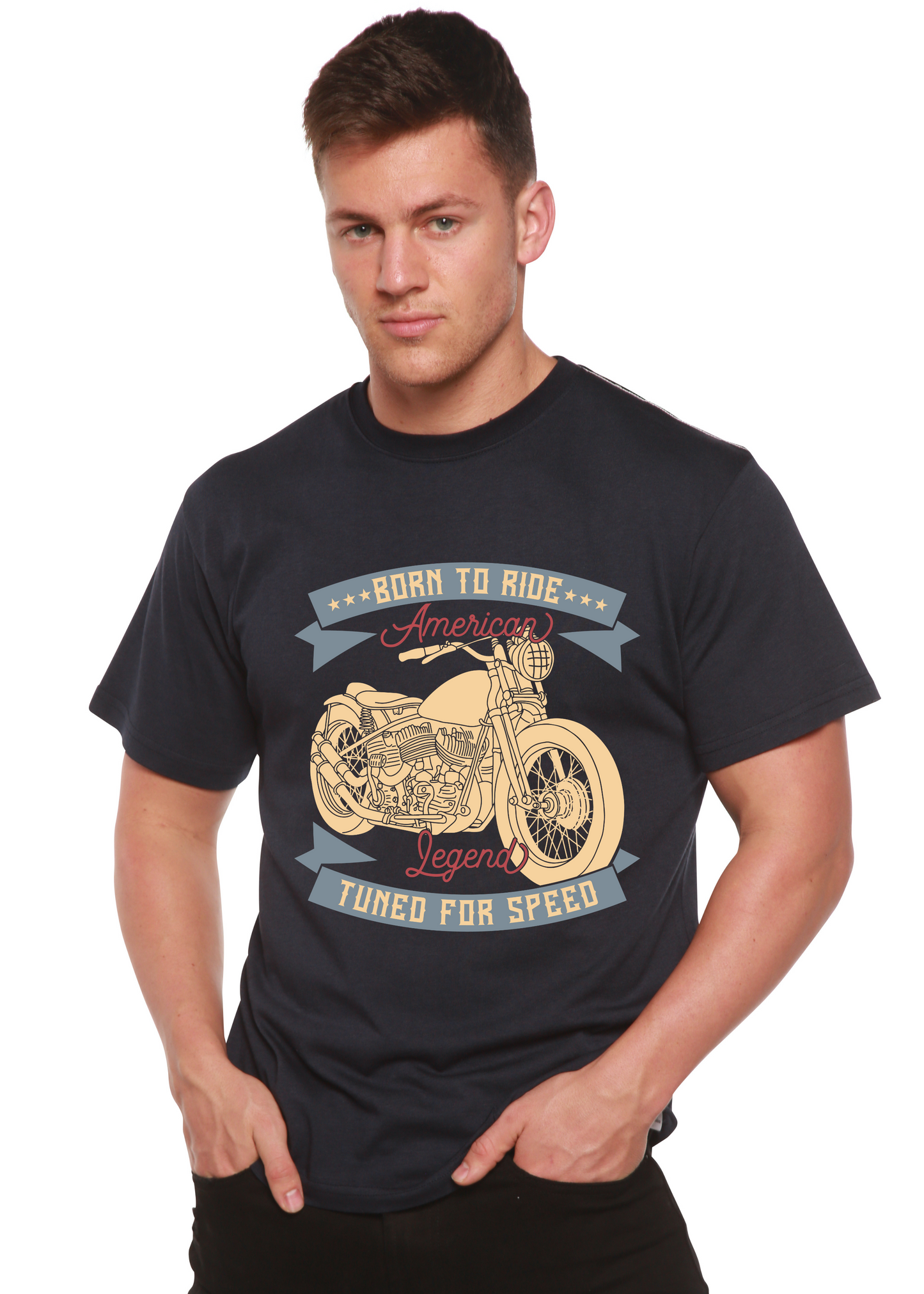 T-shirt graphique à manches courtes en viscose de bambou et coton biologique pour homme Born To Ride American Legend