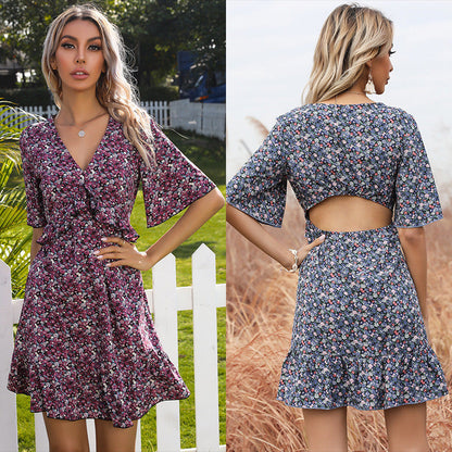 Women's Summer Floral Short Sleeve  Back Ruffle Dress