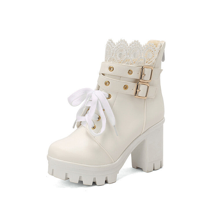 Bottes cheville lacées à talons carrés pour femmes, couleur blanc et noir