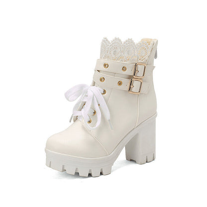 Bottes cheville lacées à talons carrés pour femmes, couleur blanc et noir