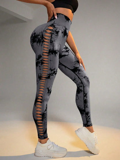 Cut Out Side Hollow Tie Dyed Yoga Pants, High Waist And Hip Lifting Fitness Pants With Side Hollow Seamless Sports Tights, Workout Gym Yoga Pants Scrunch Butt Lift Tights