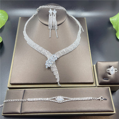 Fashion Luxury Rhinestone Earrings Necklace Ring Bracelet Four Piece Chain