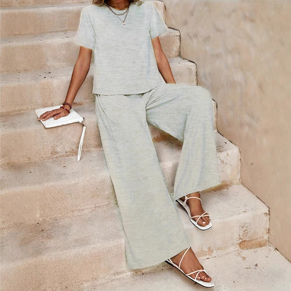 Women's Summer Fashion Solid Color Round Neck Top Paired With Casual Wide Leg Pants Set