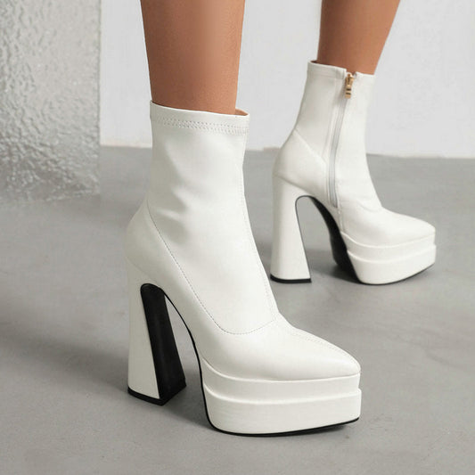 Bottes Courtes Femme Tendance à Bout Pointu et Talon Épais