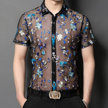 Short Sleeve Hollow Men's Shirt Flocking Embroidered Shirt