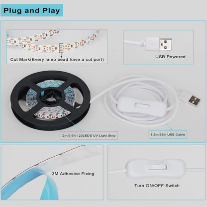 Light Led Strips, 120 Lamp Beads, Usb Cable 1.5M Led Black Light Strip Kit, Dc5V