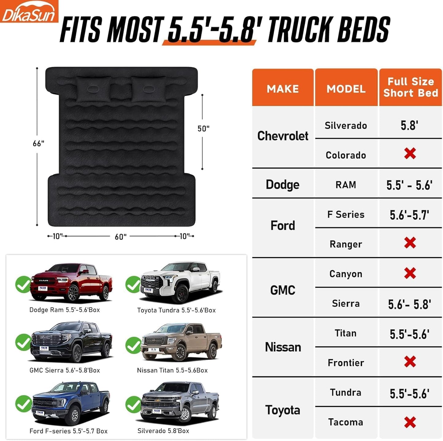 DikaSun 5.5-5.8 Ft Full Size Pickup Truck Bed Air Mattres,Black
