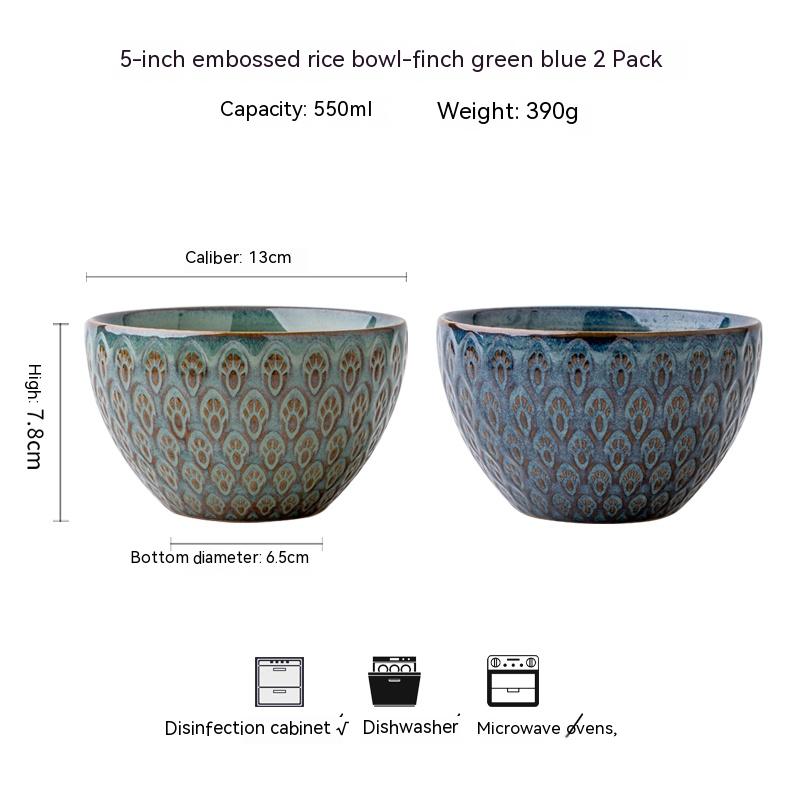 Tazón de arroz de cerámica de 5 pulgadas con relieve de pavo real para el hogar