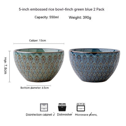 Tazón de arroz de cerámica de 5 pulgadas con relieve de pavo real para el hogar