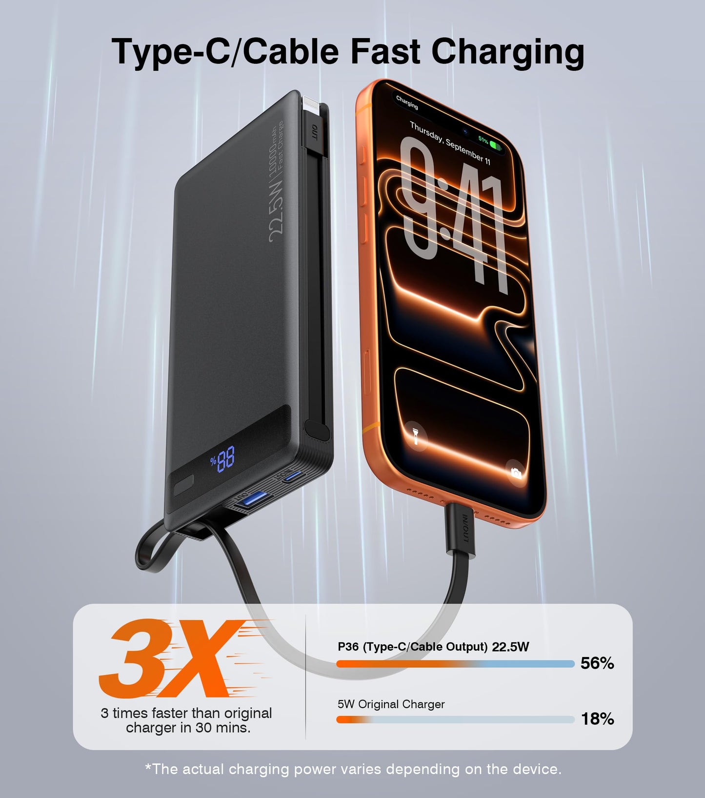 Slim Power Bank with Built-In Cables - 22.5W PD Fast Charger 10000mAh for iPhone and Samsung