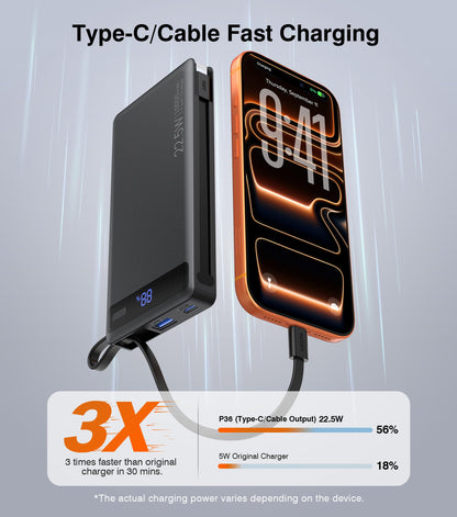 Slim Power Bank with Built-In Cables - 22.5W PD Fast Charger 10000mAh for iPhone and Samsung
