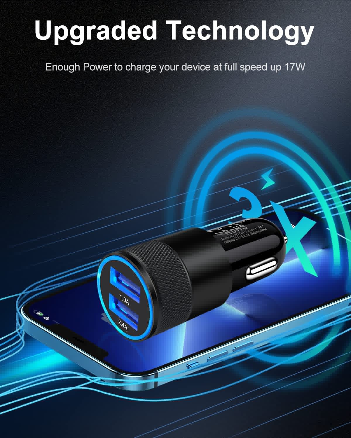 Chargeur de voiture USB double port (lot de 2) - Charge rapide 3,4 A pour iPhone 17 16 15 14 et Samsung Galaxy
