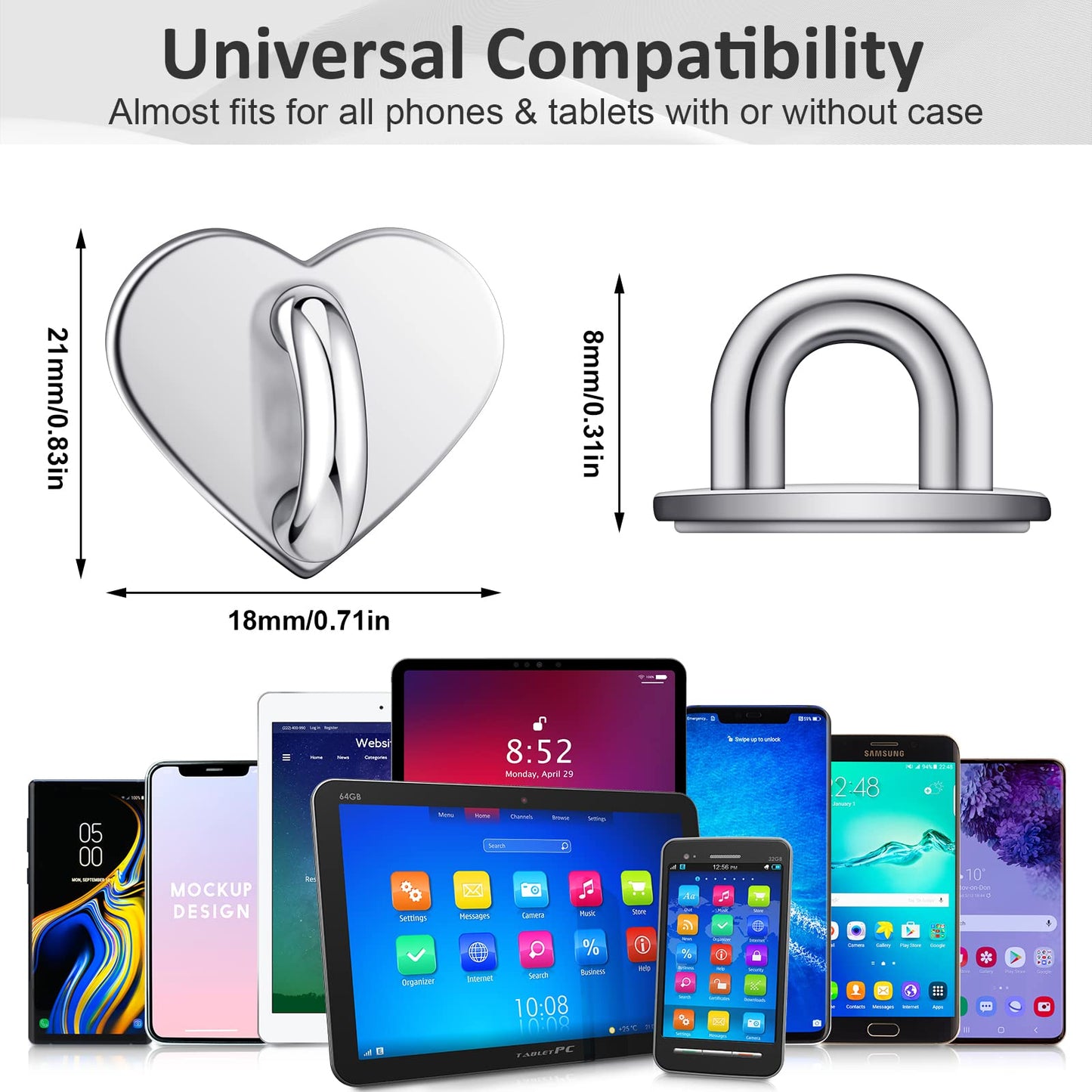 Phone Finger Ring Grips 8 Pack — Adhesive Heart Hook Loop Stand for DIY Hanging,