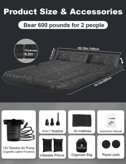 Umbrauto 63in Extended SUV Mattress Quick Inflate, Includes Pump & 2 Pillows,Grey