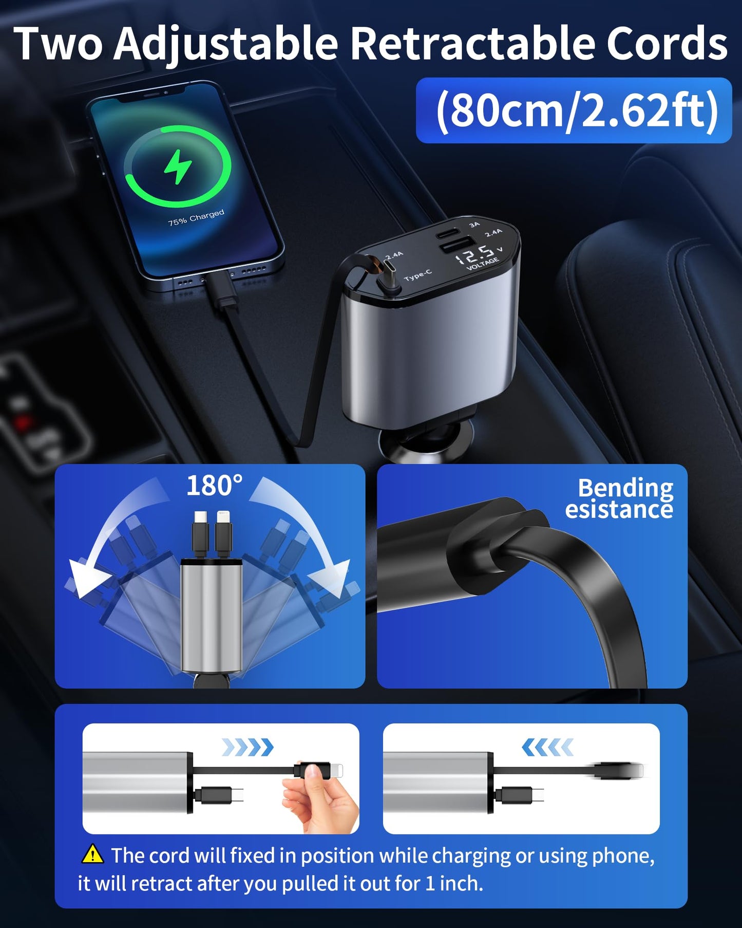 Retractable Car Charger with USB-C and USB-A - Fast Charging for iPhone 16 15 14 and Samsung