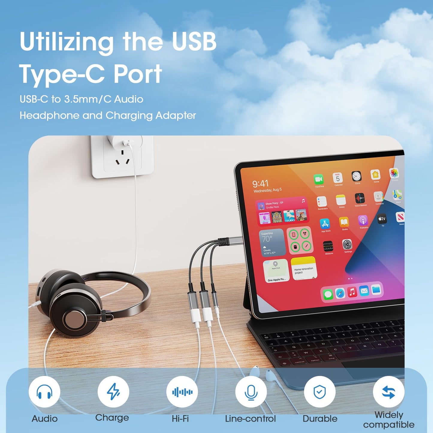 USB-C to 3.5mm Headphone and Charger Adapter - 3-in-1 Dual Type-C Aux Splitter