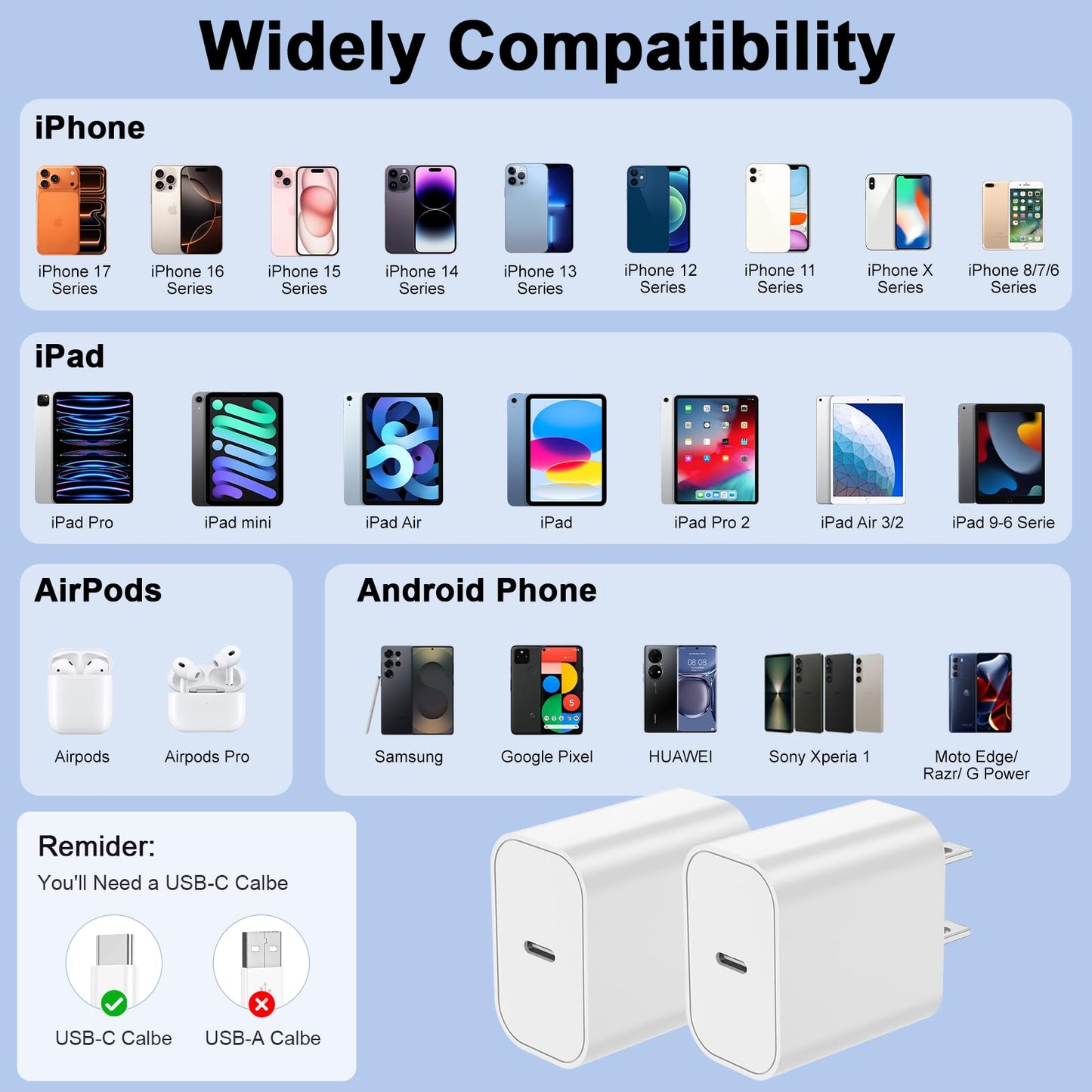 Charger Block, 2Pack For Iphone 17 16 Fast Charging Plug For Apple 20W Type C Po