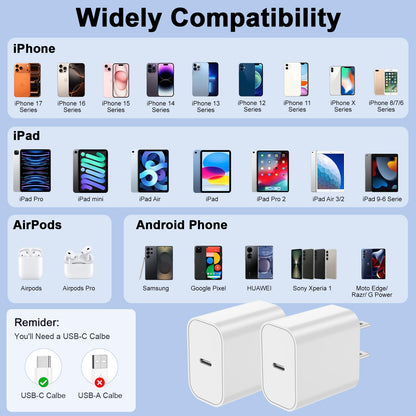 Charger Block, 2Pack For Iphone 17 16 Fast Charging Plug For Apple 20W Type C Po