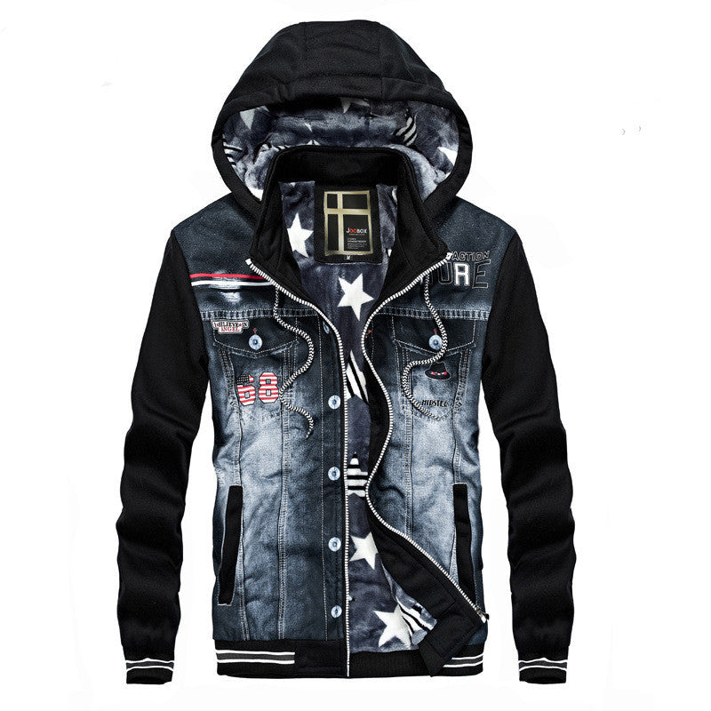 Chaqueta de invierno de forro polar con capucha y costuras de denim