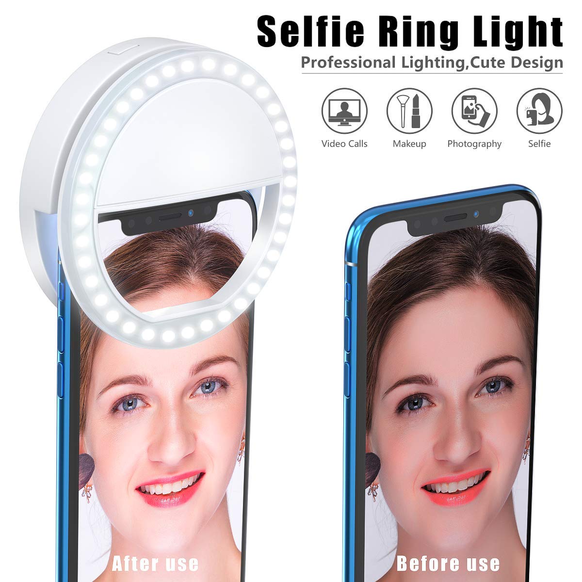 Clip-On Ring Light Rechargeable - 36 LED Lights 3-Level Adjustable Brightness for Phones