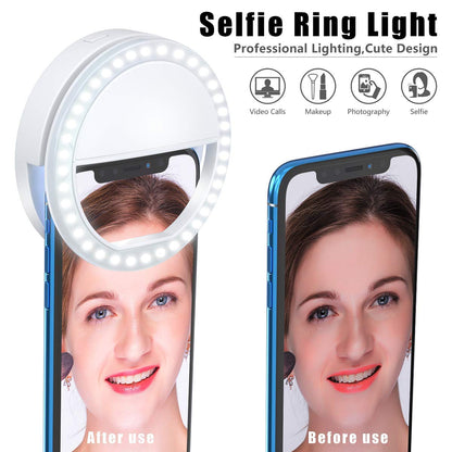 Clip-On Ring Light Rechargeable - 36 LED Lights 3-Level Adjustable Brightness for Phones