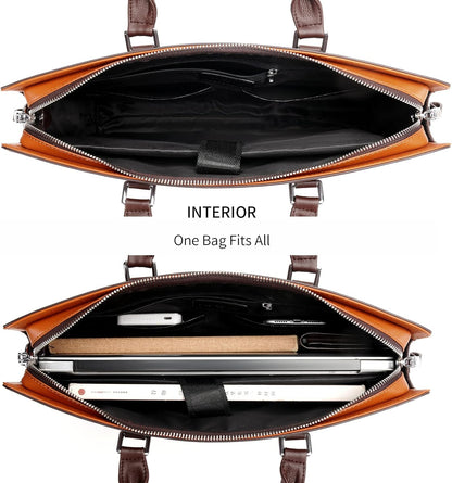 Genuine Leather Business Briefcase 15.6 Inch Laptop Bag Multi Compartment