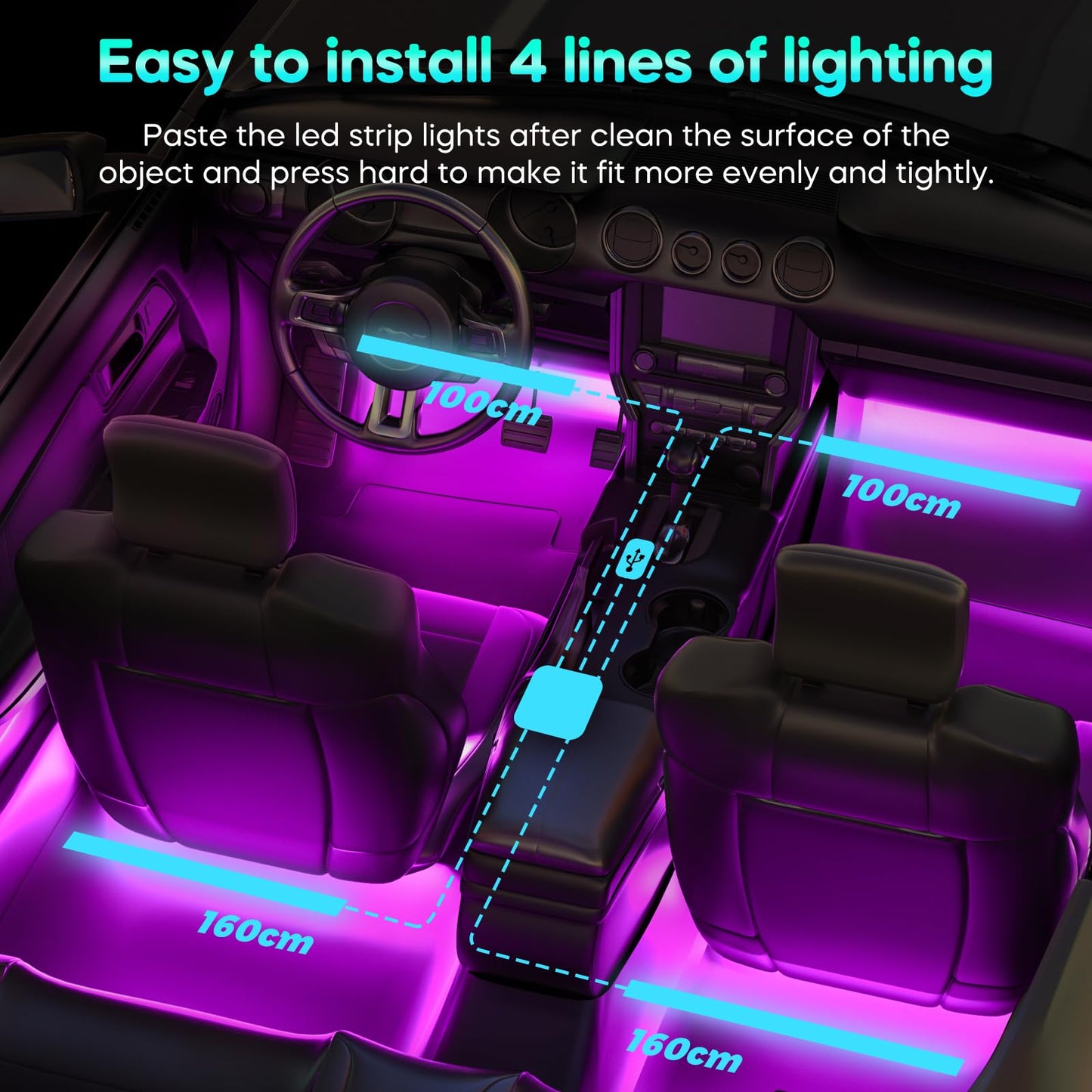 Interior LED Lights — Music Sync App Control Color Changing USB Strip Lights for
