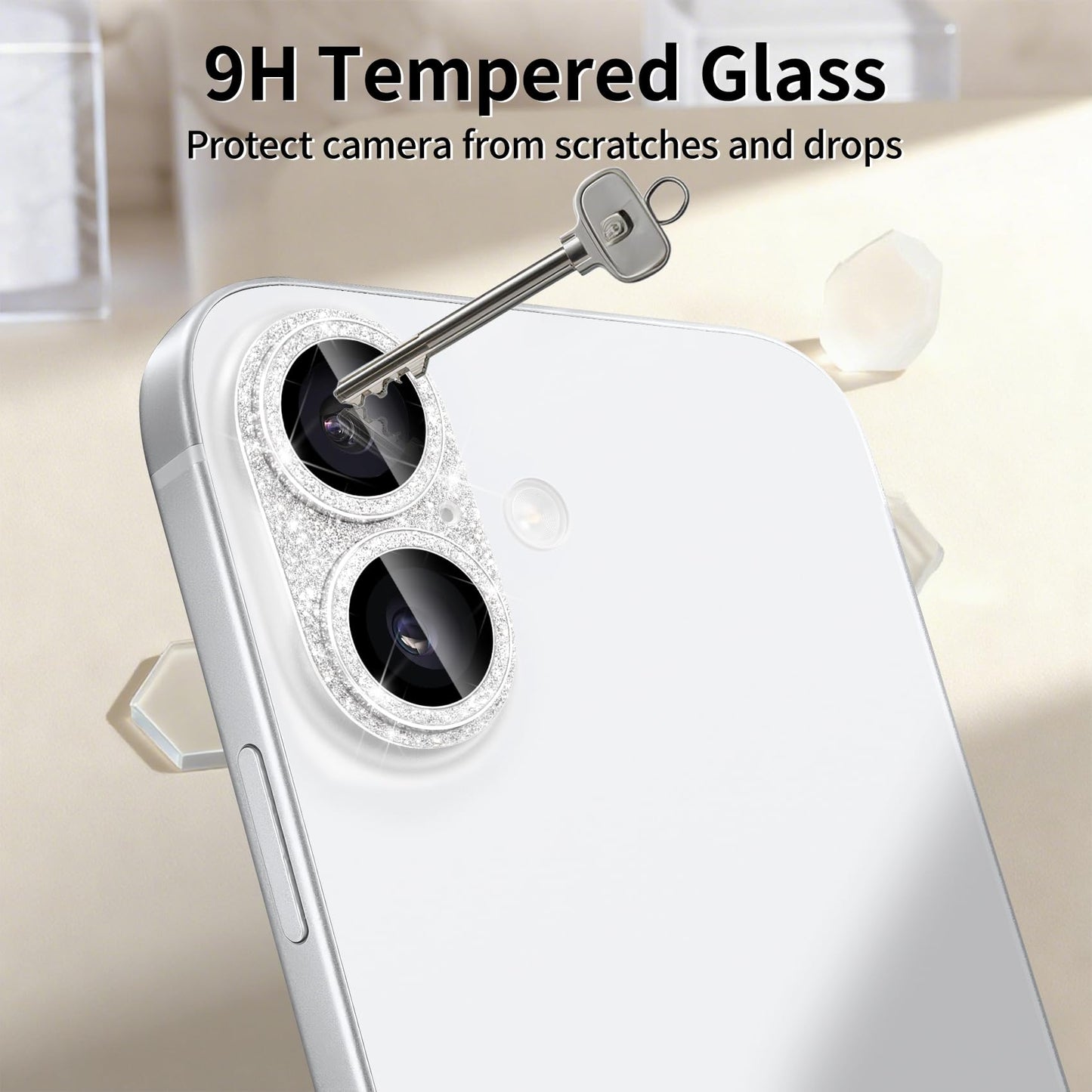 17 Camera Lens Protector — 9H Tempered Glass Bling Glitter Full Cover, Silver