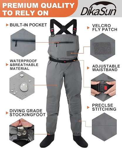 DikaSun Breathable Stocking Foot Waders for Fly Fishing (Lightweight Unisex Design for Men & Women)