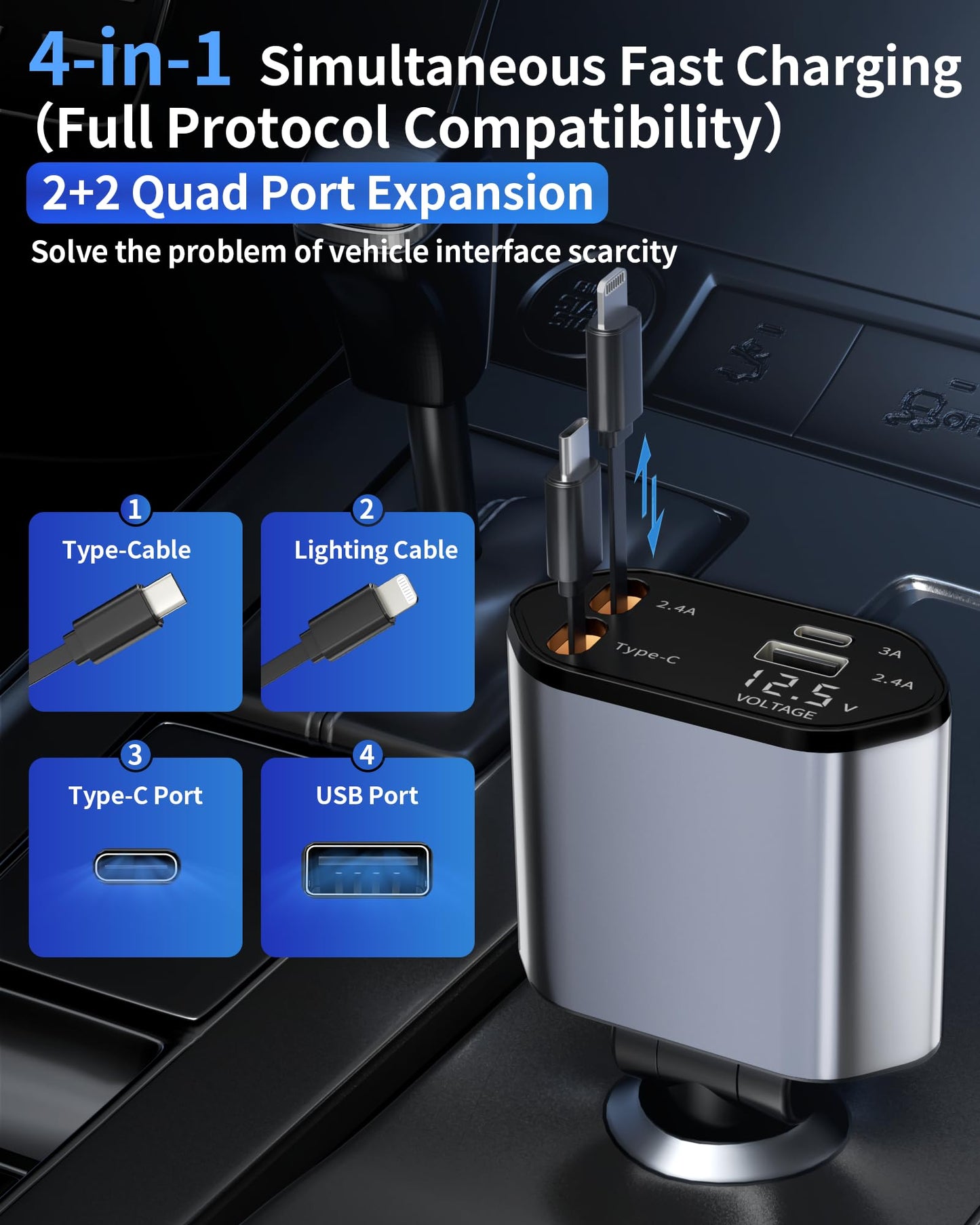 Retractable Car Charger with USB-C and USB-A - Fast Charging for iPhone 16 15 14 and Samsung