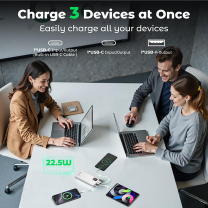 Power Bank 10000mAh 22.5W Super Fast Charging - Portable Powerbank with Built-In USB-C Cable