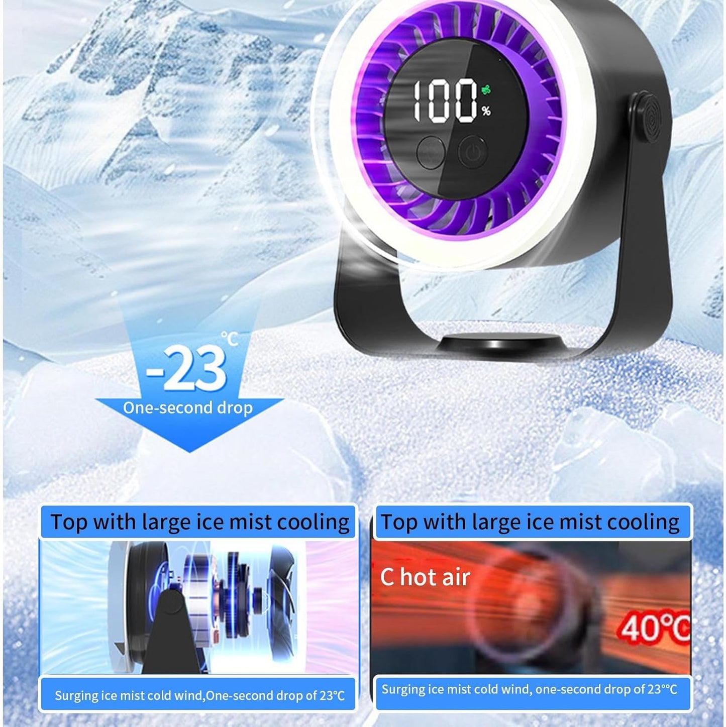 Portable Desk Fan | USB Rechargeable with 10-Speed Quiet Operation | Compact Design for Efficient Cooling