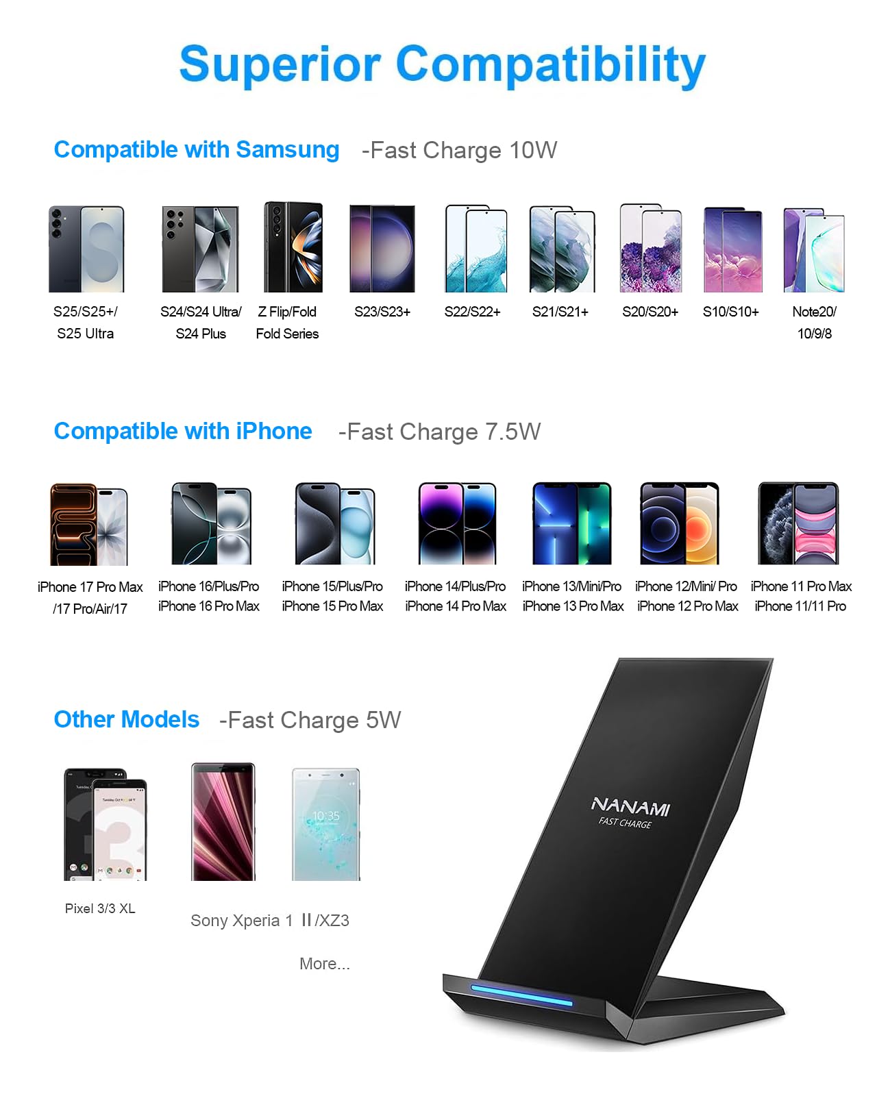 Support de chargement sans fil - Compatible avec iPhone 17 17 Air 16 15 14 Pro et Samsung Galaxy